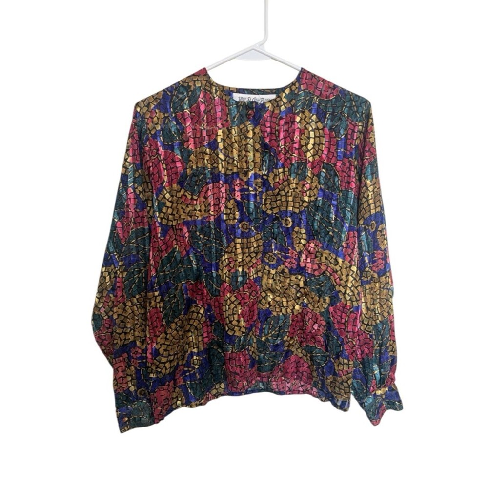 VTG Mosaic Floral Button-Front Polyester Satin Sheer Blouse Pink Gold Sz 8